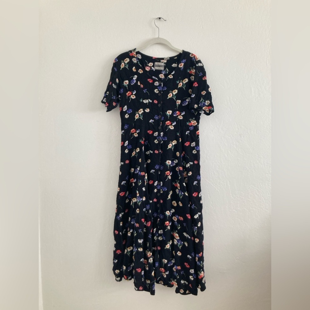 Vintage Dark Floral Maxi Shirt Dress Button Down Whimsical Bloomcore Tie Waist